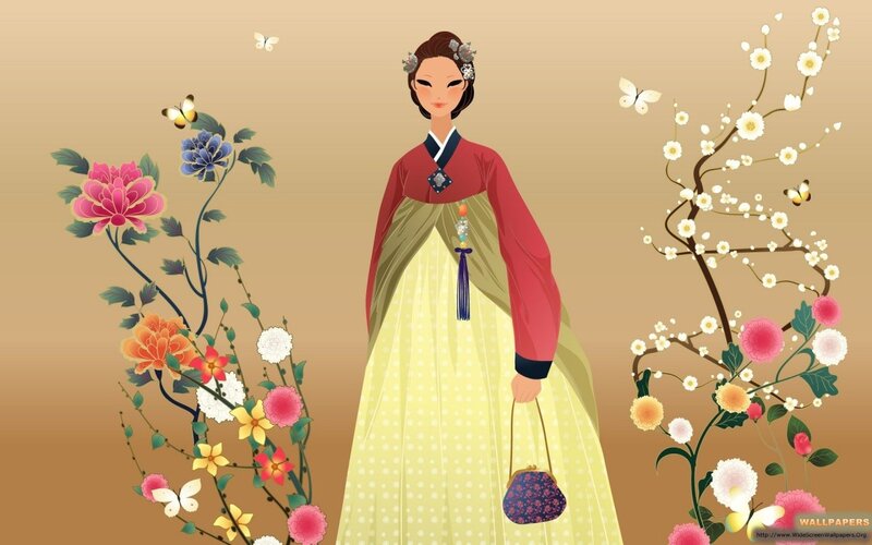 Woman in Hanbok — Yellow, Serene, Spring, Illustration, Flowers, Butterflies