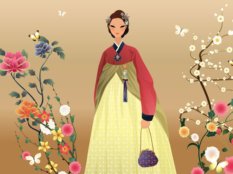 Woman in Hanbok — Yellow, Serene, Spring, Illustration, Flowers