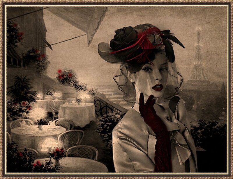 Woman in Hat at Cafe — Sepia