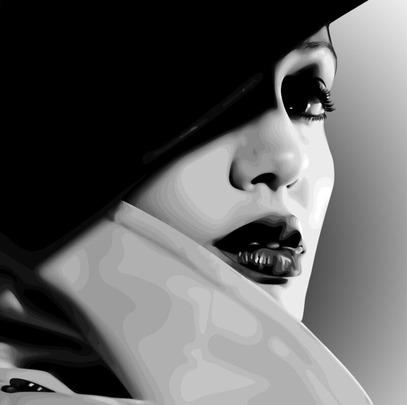 Woman in Hat — Black, Dramatic, Digital Art
