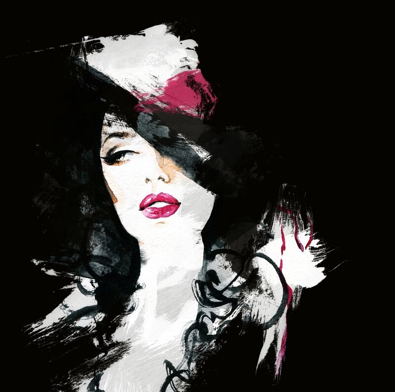 Woman in Hat — Black, Dramatic, Illustration