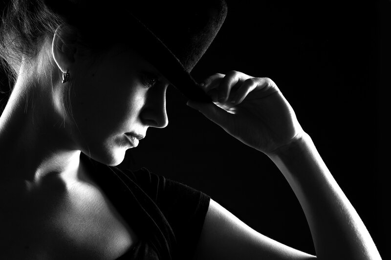 Woman in Hat — Black, Dramatic, Photograph, Earring