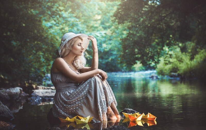 Woman in Hat by River — Green