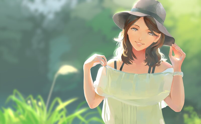 Woman in Hat Holding Dress