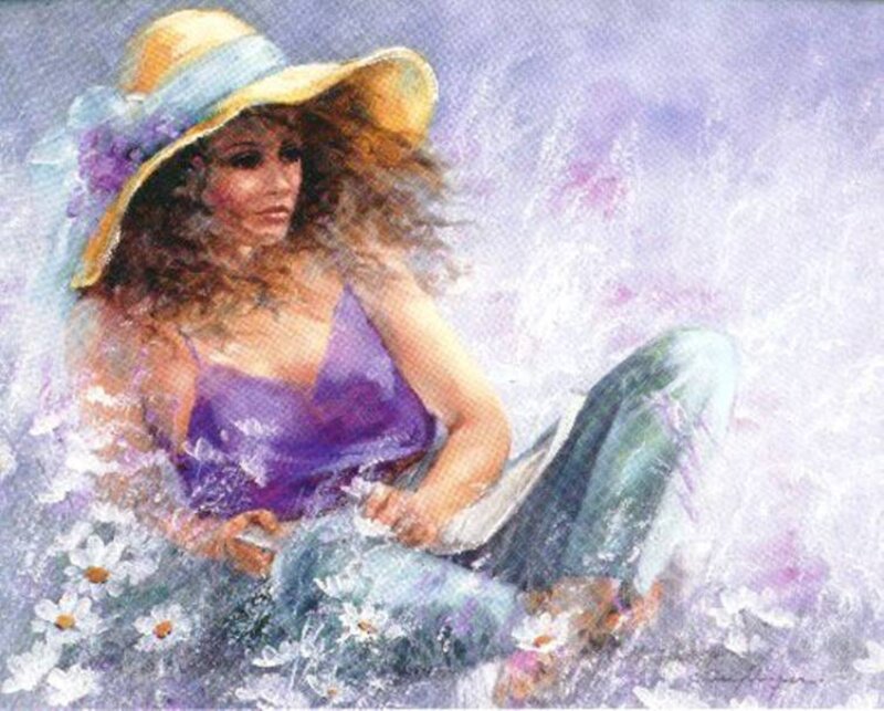 Woman in Hat Sitting — Purple