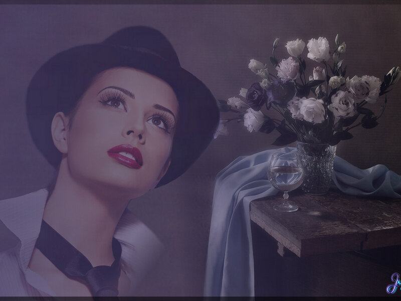 Woman in Hat with Flowers — Purple