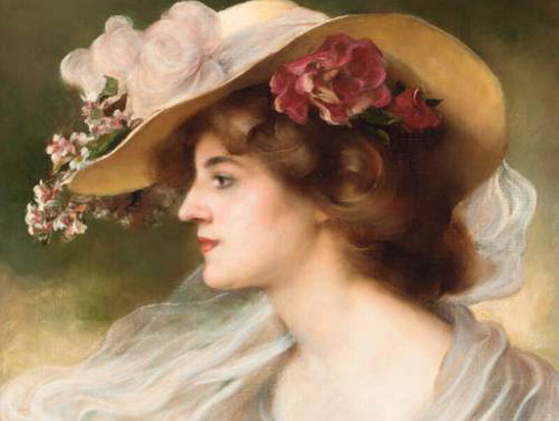 Woman in Hat with Flowers — White