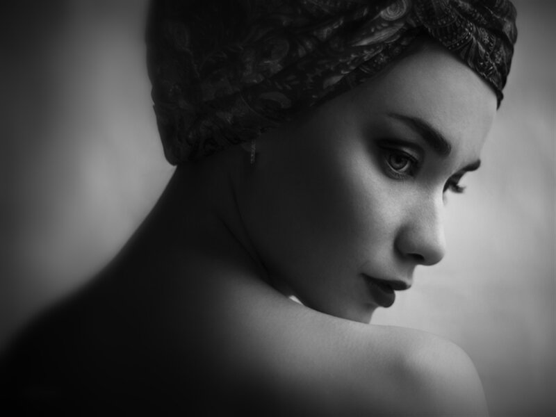 Woman in Headscarf — Black, Dramatic