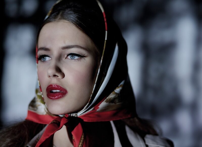 woman in headscarf with red lips