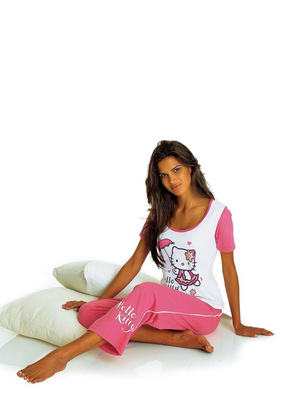 woman in hello kitty pajamas