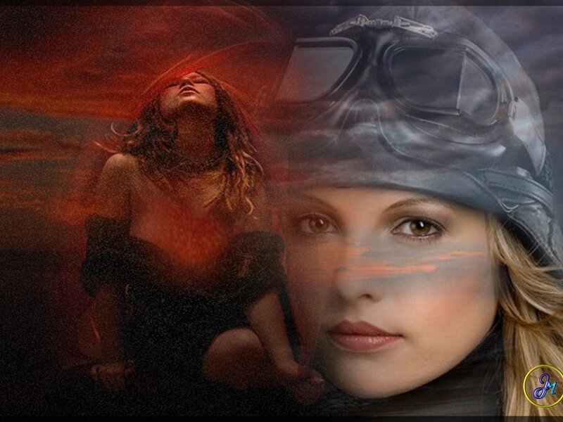 woman in helmet and red background