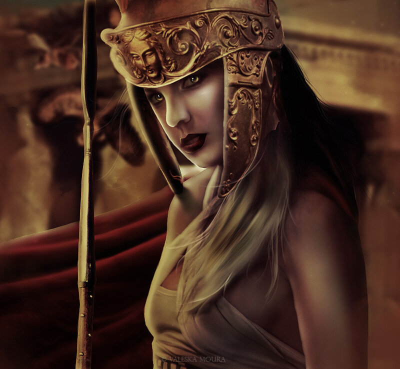 Woman in Helmet Holding Spear