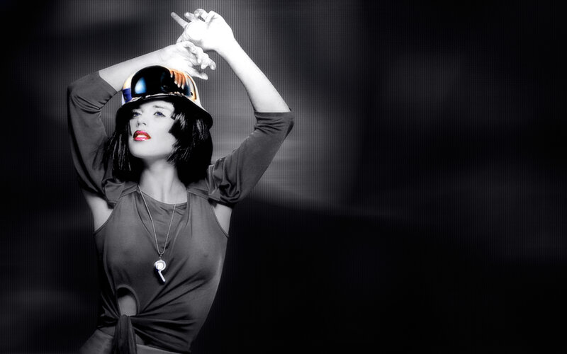 woman in helmet with red lipstick