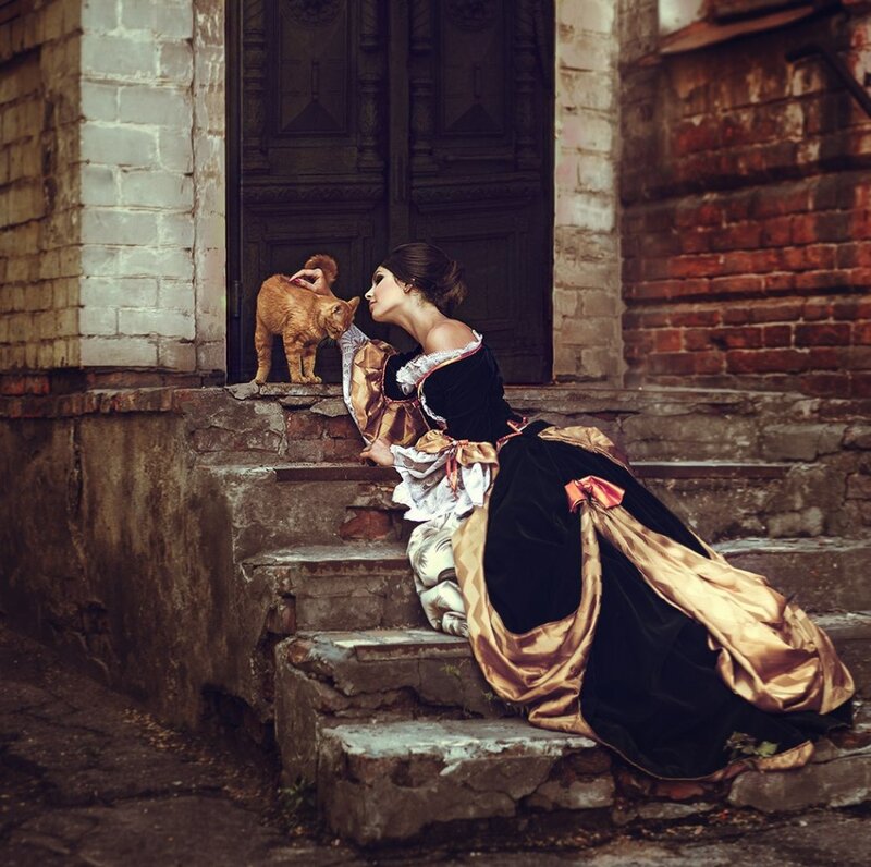 Woman in Historical Dress — Black, Dramatic, Photograph, Cat