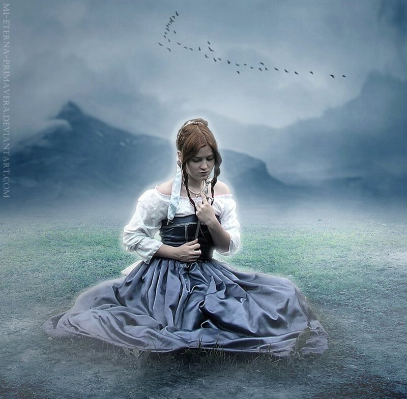 Woman in Historical Dress — Blue, Dramatic, Morning