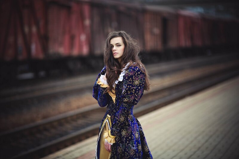 Woman in Historical Dress — Blue, Dramatic, Photograph, Train Tracks