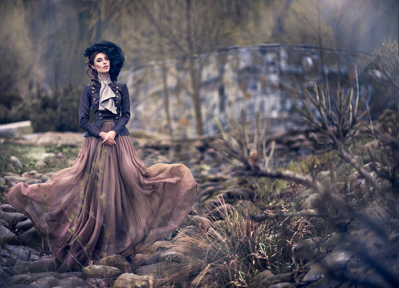 Woman in Historical Dress — Brown, Dramatic, Photograph, Hat