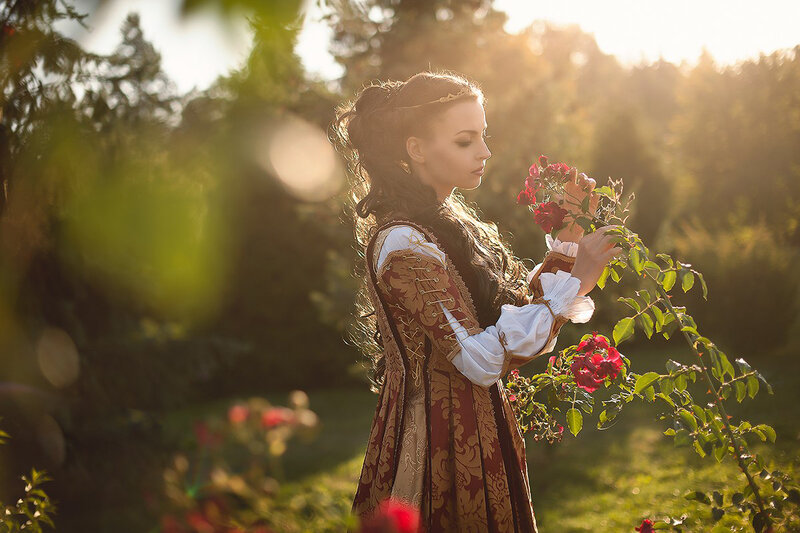 Woman in Historical Dress — Brown, Serene, Sunset