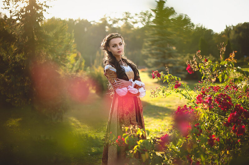 Woman in Historical Dress — Green, Serene, Sunset