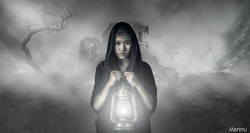 Woman in Hood Holding Lantern