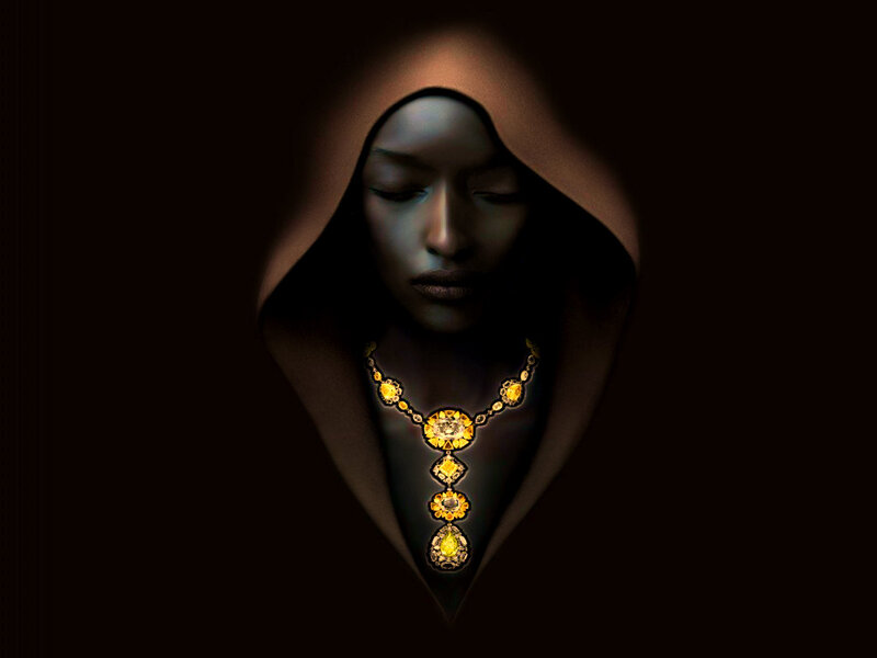 Woman in Hooded Cloak — Black, Dramatic, Digital Art, Necklace