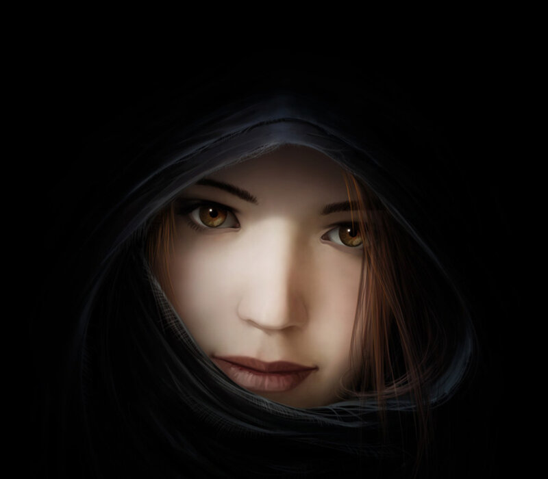 Woman in Hooded Cloak — Black, Dramatic, Digital Art