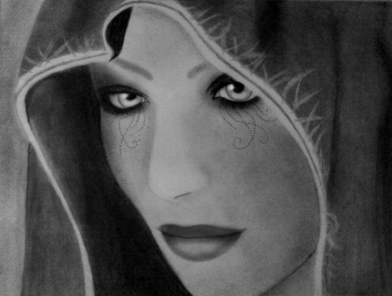 Woman in Hooded Cloak — Black, Dramatic, Illustration