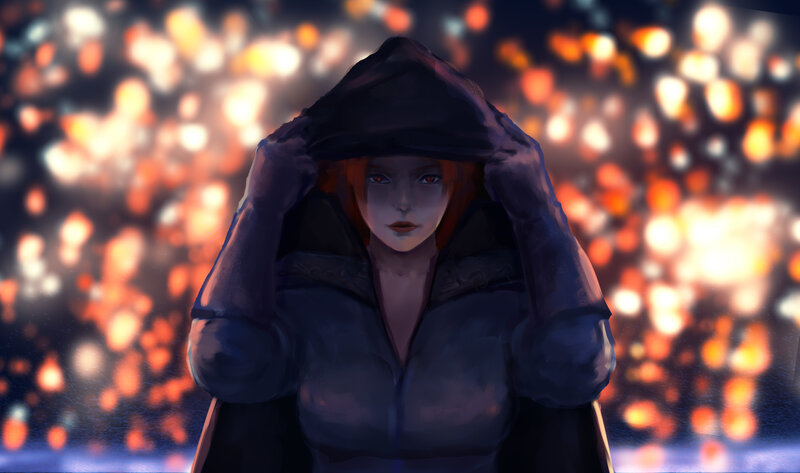 Woman in Hooded Cloak — Black, Dramatic, Night, Digital Art, Fireworks