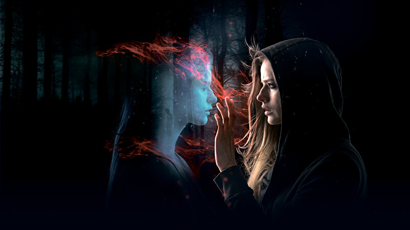Woman in Hooded Cloak — Black, Dramatic, Night, Digital Art, Ghostly Figure
