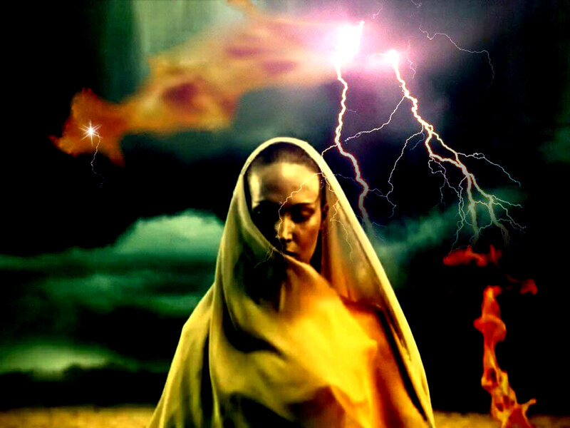 Woman in Hooded Cloak — Black, Dramatic, Night, Digital Art, Lightning