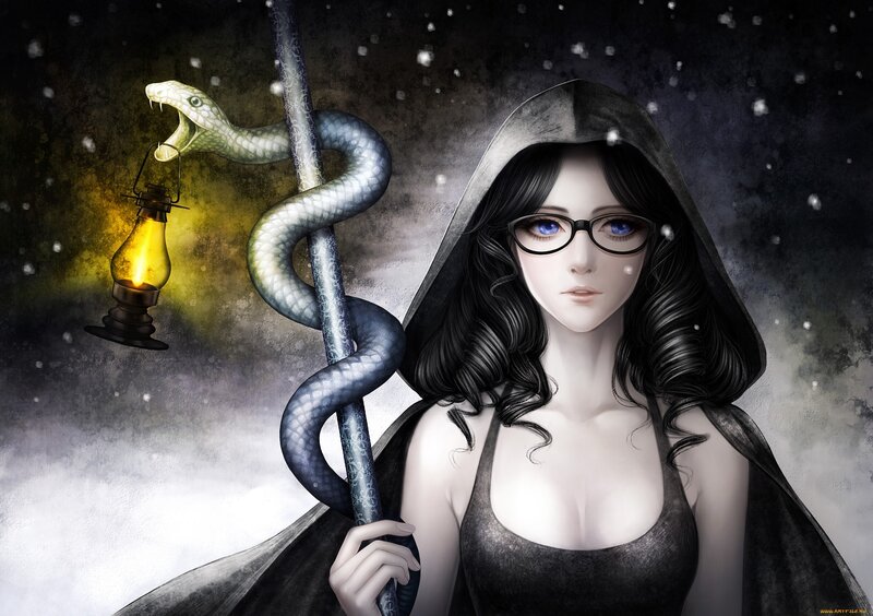 Woman in Hooded Cloak — Black, Dramatic, Night, Digital Art, Snake