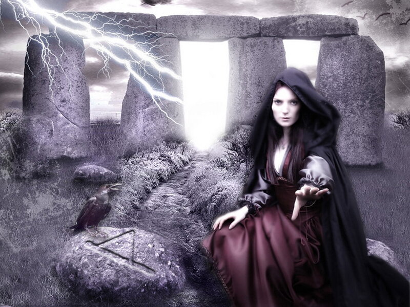 Woman in Hooded Cloak — Black, Dramatic, Night, Digital Art, Stone Circle