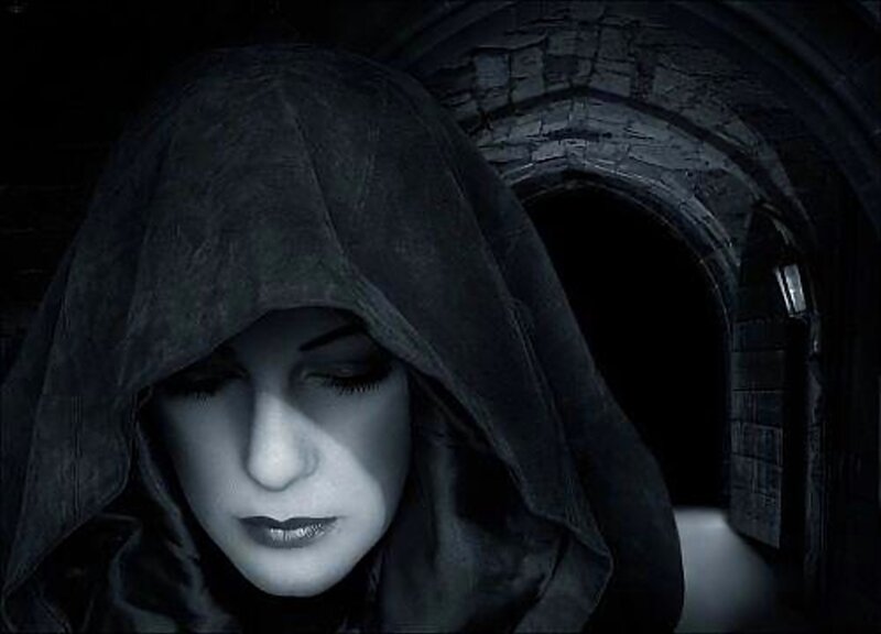 Woman in Hooded Cloak — Black, Dramatic, Night