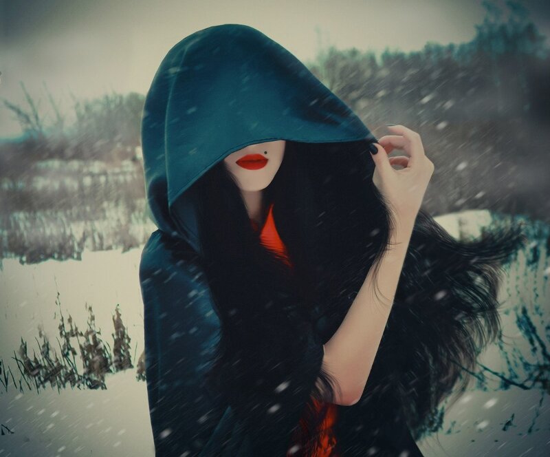 Woman in Hooded Cloak — Black, Dramatic, Winter