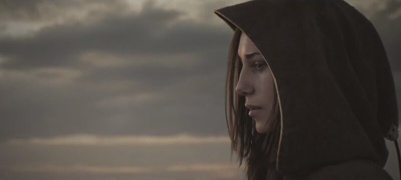 Woman in Hooded Cloak — Gray, Dramatic, Sunset