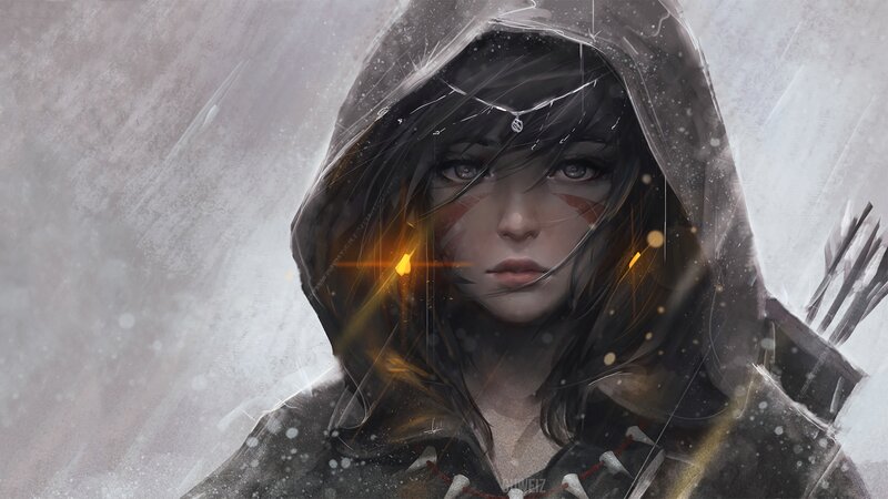 Woman in Hooded Cloak — Gray, Dramatic, Winter, Digital Art, Arrows