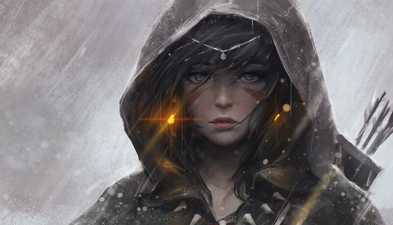 Woman in Hooded Cloak — Gray, Dramatic, Winter