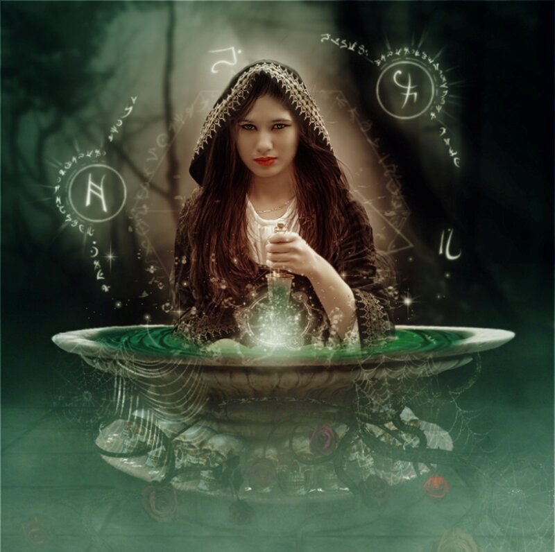Woman in Hooded Cloak — Green, Mystical