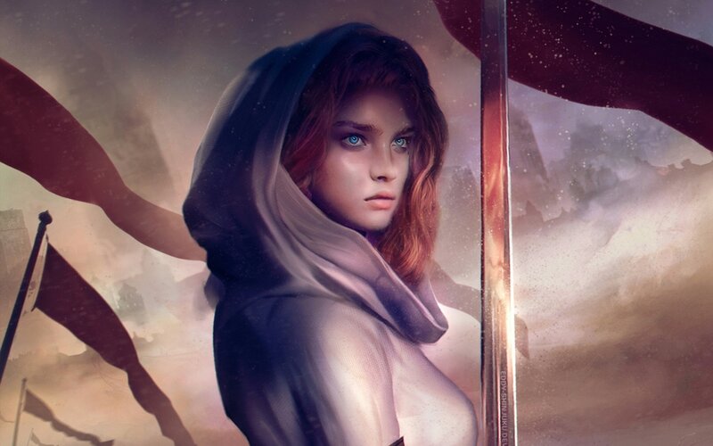 Woman in Hooded Cloak — Purple, Dramatic, Digital Art, Sword