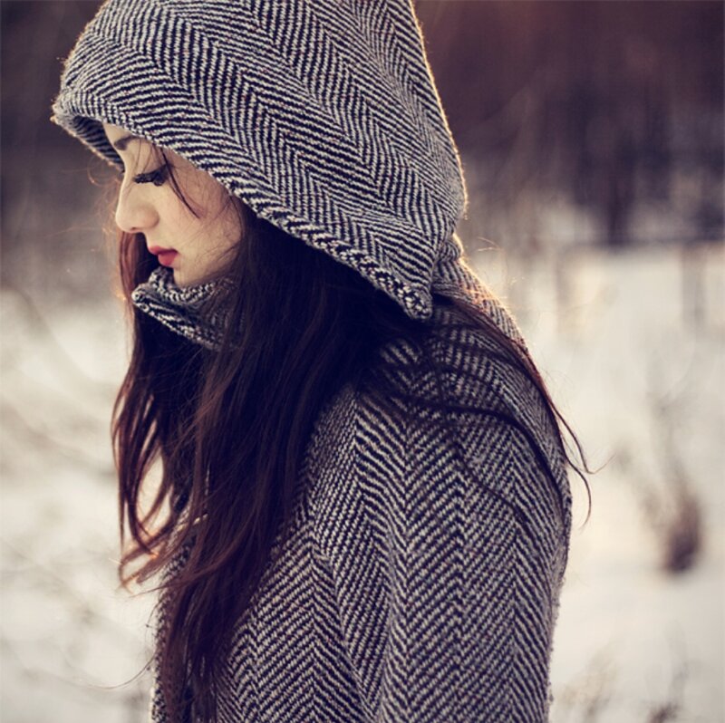 Woman in Hooded Coat — Gray, Contemplative