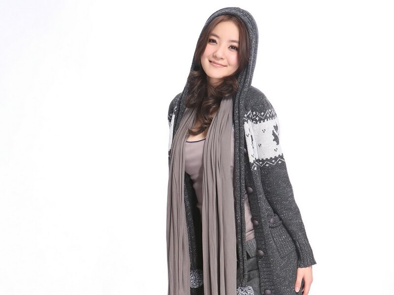Woman in Hooded Sweater — Gray, Neutral, Photograph
