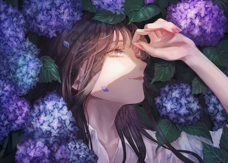 Woman in Hydrangea Flowers