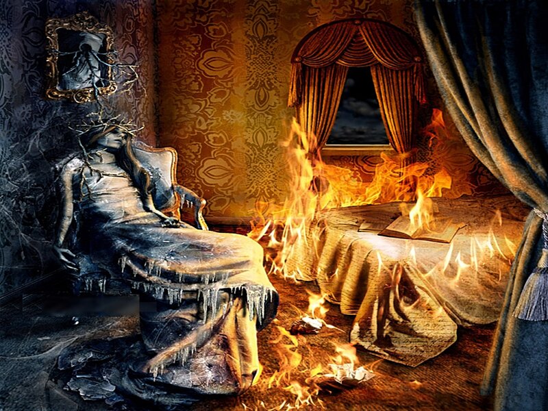 woman in icy chair by fire