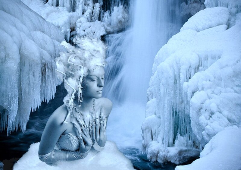 Woman in Icy Waterfall