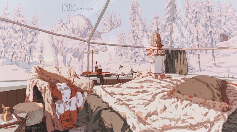 Woman in Igloo with Moose