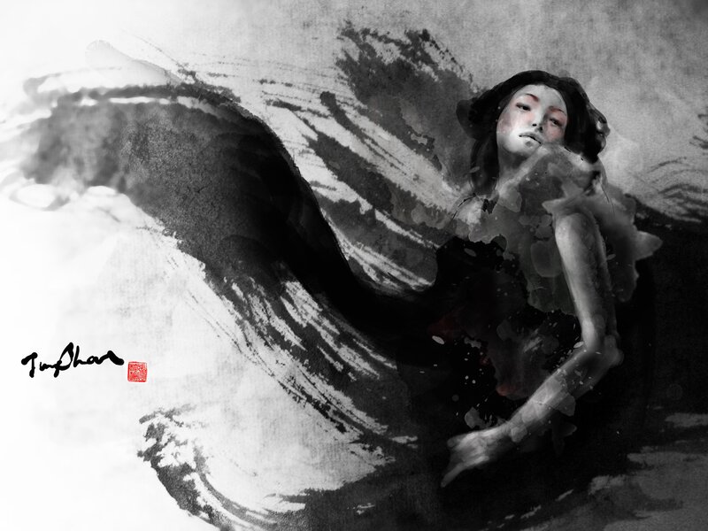 woman in ink wash art