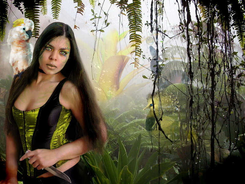 Woman in Jungle — Green, Dramatic, Digital Art