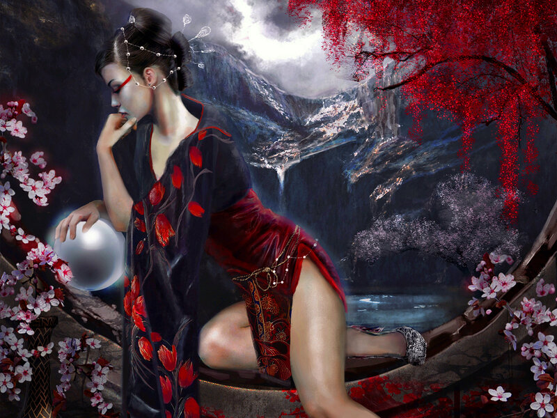 Woman in Kimono — Black, Dramatic, Night, Digital Art
