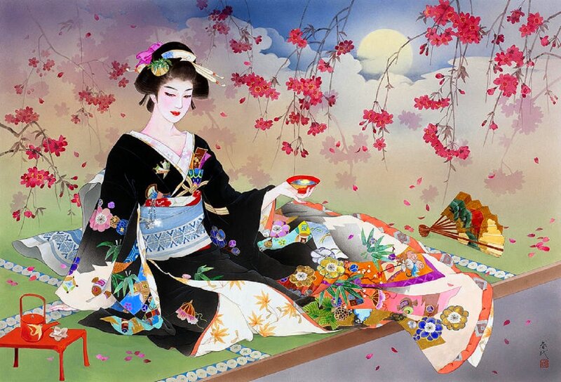 Woman in Kimono — Black, Serene, Spring