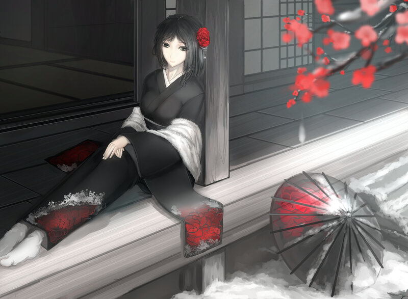 Woman in Kimono — Black, Serene, Winter